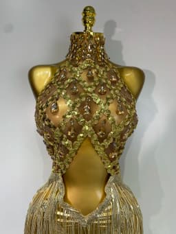 Women Birthday Party Rhinestones Tassels Transparent Short Dress Dance Show 2025 New Sexy Fashion Gold Sparkly Stage Costume
