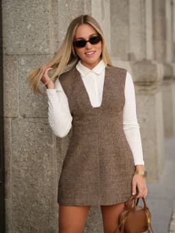HH Spring Fashion Sleeveless Wool Solid Short Dress Woman Female Elegant Back V-Neck Zipper A-Line Streetwear Mini Dress