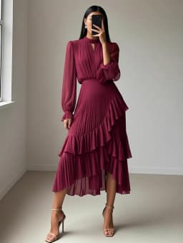 LGRQ 2026 Summer New Solid Color High Waist Dress With Ruffled Hem And Pleats Mid-Length Party Evening Gown