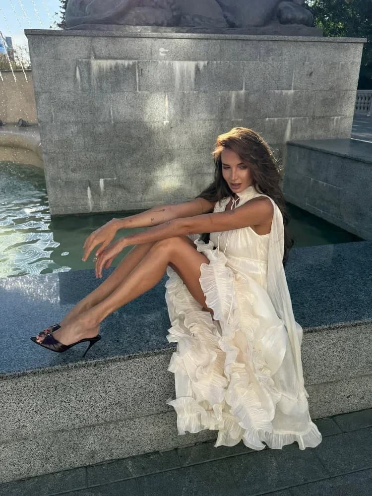 Ivory Sleeveless Ruffled Hem Maxi Dress Women Flowy Solid Cloak Long 2026 Spring Summer Fashion Vacation Leisure Lady Vestidos