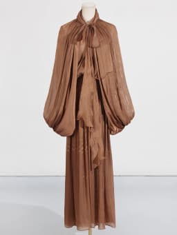 VGH Minimalist Spliced Folds Maxi Dresses for Women Scarf Collar Lantern Sleeve Loose Waist Casual Temperament Dress Female New