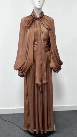 VGH Minimalist Spliced Folds Maxi Dresses for Women Scarf Collar Lantern Sleeve Loose Waist Casual Temperament Dress Female New