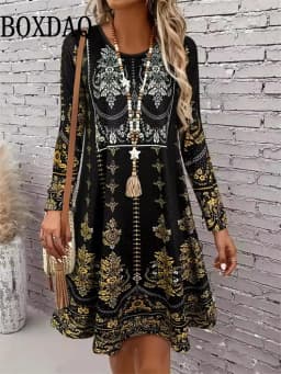 Autumn Dress For Women 2025 New Boho Vintage Ethnic Style Pattern Floral Print Female Clothing Elegant Long Sleeve Party Dresses