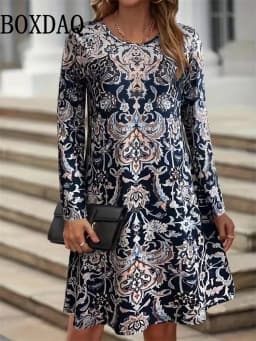 Autumn Dress For Women 2025 New Boho Vintage Ethnic Style Pattern Floral Print Female Clothing Elegant Long Sleeve Party Dresses