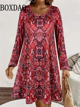 Autumn Dress For Women 2025 New Boho Vintage Ethnic Style Pattern Floral Print Female Clothing Elegant Long Sleeve Party Dresses