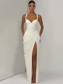 Mozision Women Sexy Maxi Dress Sleeveless Sweetheart Neck High Split Draped Ruched Long Party Dress Formal Wedding Guest Dress
