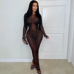 Doyerl Mesh See Through Black Rhinestone Dress Luxury Sexy Women Night Club Party Long Sleeve Back Split Bodycon Maxi Dresses