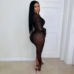 Doyerl Mesh See Through Black Rhinestone Dress Luxury Sexy Women Night Club Party Long Sleeve Back Split Bodycon Maxi Dresses