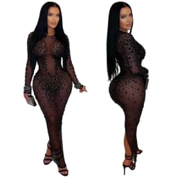 Doyerl Mesh See Through Black Rhinestone Dress Luxury Sexy Women Night Club Party Long Sleeve Back Split Bodycon Maxi Dresses