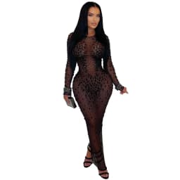Doyerl Mesh See Through Black Rhinestone Dress Luxury Sexy Women Night Club Party Long Sleeve Back Split Bodycon Maxi Dresses