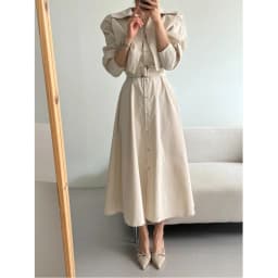 Slimming Effect Korean Style Chic New Fashionable Belted Waist Dress French Style Shirt Sleeve Long Dress for Ladies