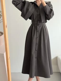 Slimming Effect Korean Style Chic New Fashionable Belted Waist Dress French Style Shirt Sleeve Long Dress for Ladies