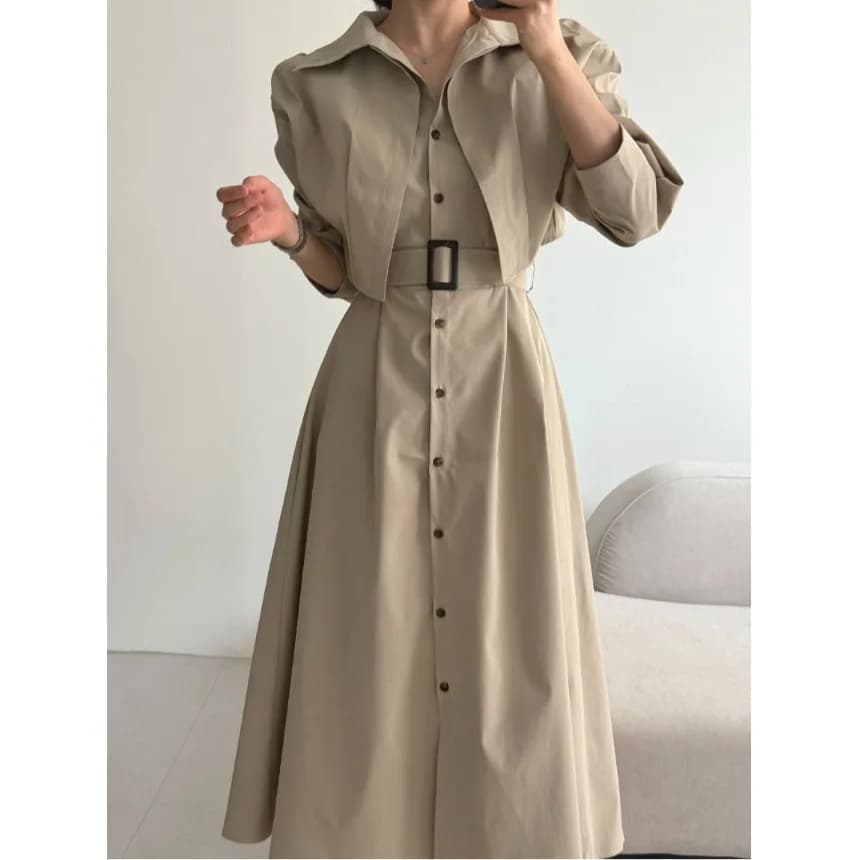 Slimming Effect Korean Style Chic New Fashionable Belted Waist Dress French Style Shirt Sleeve Long Dress for Ladies