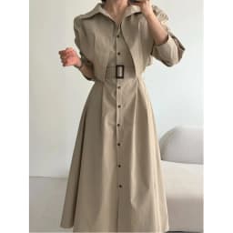 Slimming Effect Korean Style Chic New Fashionable Belted Waist Dress French Style Shirt Sleeve Long Dress for Ladies