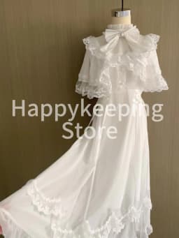 Vintage White Lolita Dress With Cape Shawl Lace Ruffle Bow High Neck Victorian Princess Long Dress Women Elegant Party Dress New
