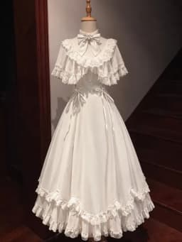 Vintage White Lolita Dress With Cape Shawl Lace Ruffle Bow High Neck Victorian Princess Long Dress Women Elegant Party Dress New