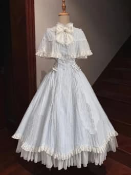 Vintage White Lolita Dress With Cape Shawl Lace Ruffle Bow High Neck Victorian Princess Long Dress Women Elegant Party Dress New