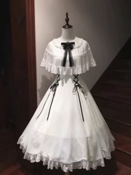 Vintage White Lolita Dress With Cape Shawl Lace Ruffle Bow High Neck Victorian Princess Long Dress Women Elegant Party Dress New