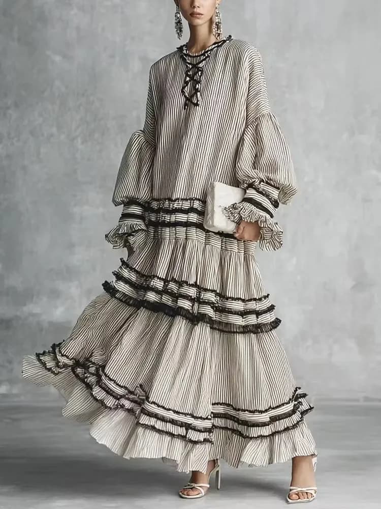 Vintage Striped Maxi Dress Women Front Lace-up O Neck Lantern Sleeve Multi-Layer Ruffle Lace Tiered Hem Loose Casual Long Dress