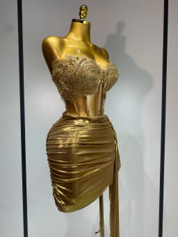 Women Sexy Strapless Sequins Rhinestone Gold Dress Glitter Top Two Pieces Sets Birthday Evening Party Club Singer Stage Outfit