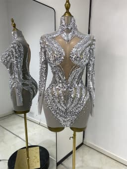 Evening Dress For Women Party Revenge Dress Silver Sequines Rhinestones Black Mesh See Through Bodycon Mini Nightbar Gogo Dress