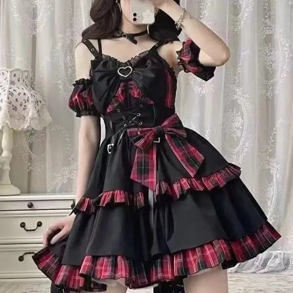 Gothic Sweet Floral Strap Lolita Dress Women Causal Y2k Party Midi Dress Beach Bow Kawaii Clothing One Piece New Dress Punk 2025
