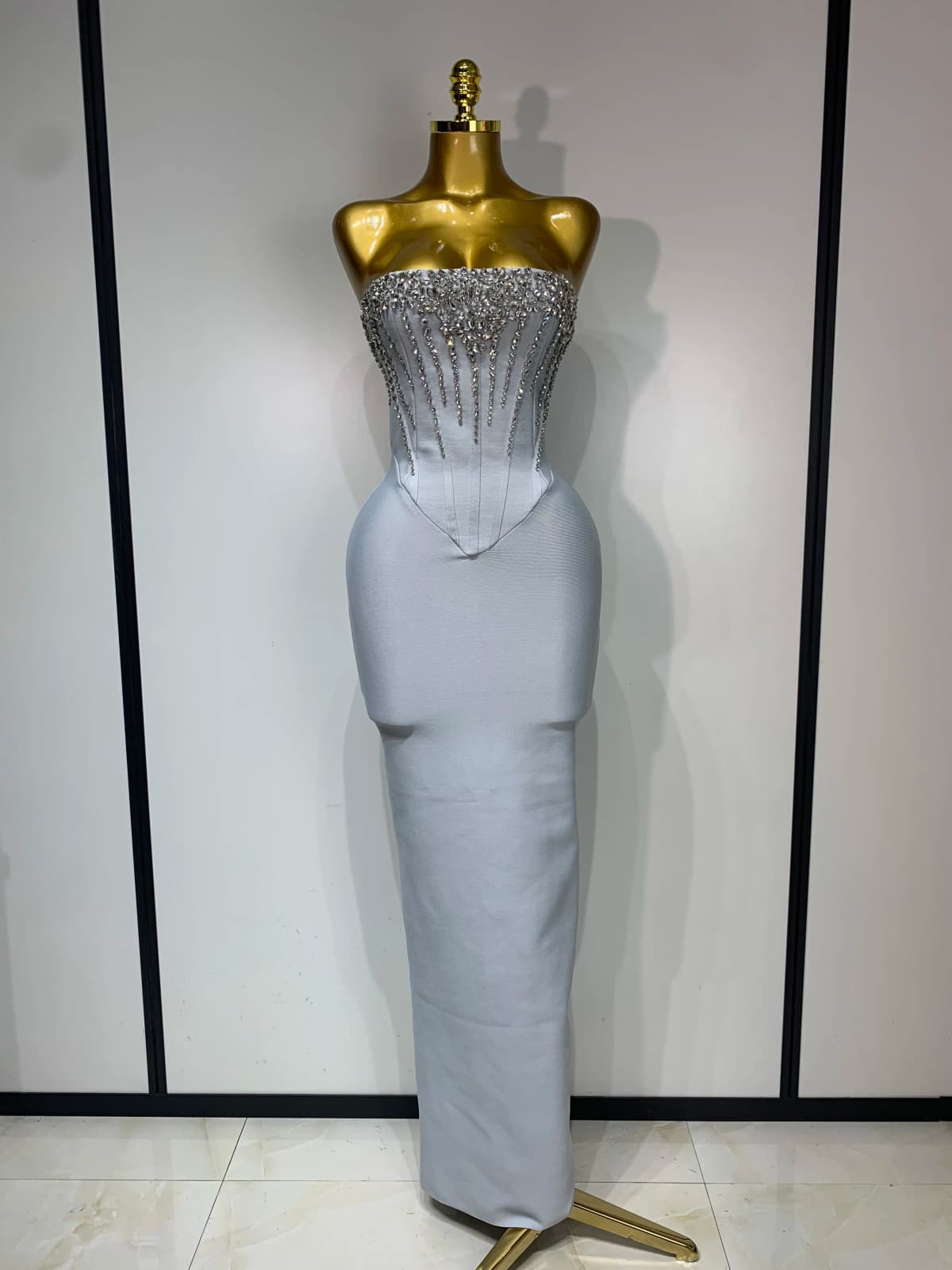 Women Sexy Strapless Backless Long Bandage Dress Fashion Light Grey Sleeveless Beading Cocktail Party Luxury Birthday Gown