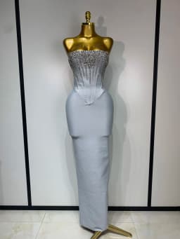 Women Sexy Strapless Backless Long Bandage Dress Fashion Light Grey Sleeveless Beading Cocktail Party Luxury Birthday Gown