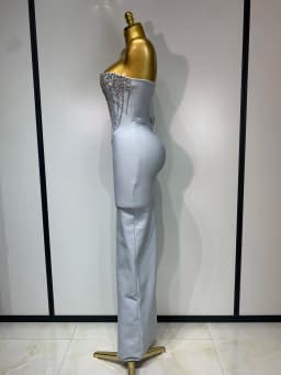 Women Sexy Strapless Backless Long Bandage Dress Fashion Light Grey Sleeveless Beading Cocktail Party Luxury Birthday Gown