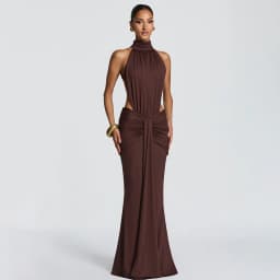 Elegant Brown Long Dress Women's Luxury Turtleneck Female Backless Black Party Casual Evening Dresses Wedding Guest Orange Gowns