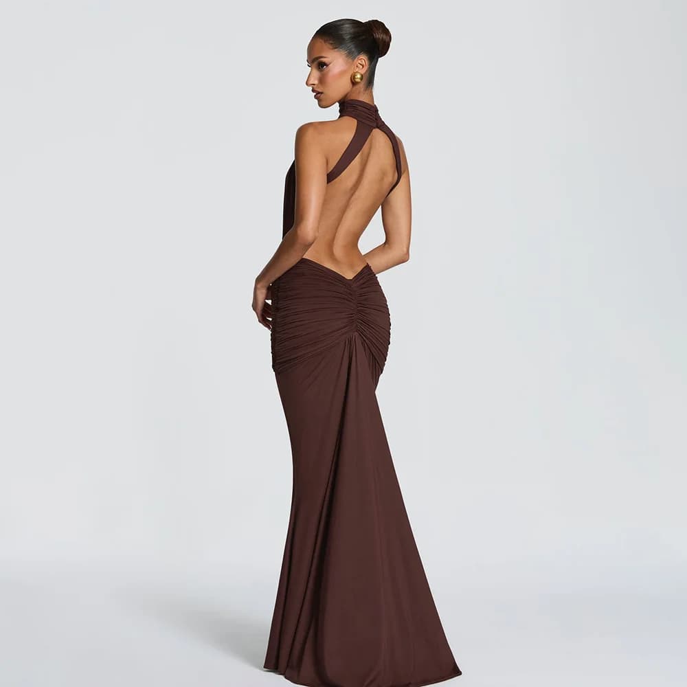 Elegant Brown Long Dress Women's Luxury Turtleneck Female Backless Black Party Casual Evening Dresses Wedding Guest Orange Gowns