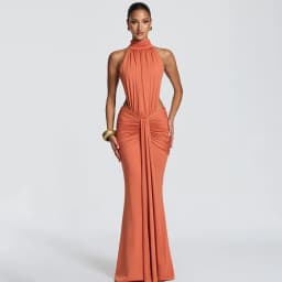 Elegant Brown Long Dress Women's Luxury Turtleneck Female Backless Black Party Casual Evening Dresses Wedding Guest Orange Gowns