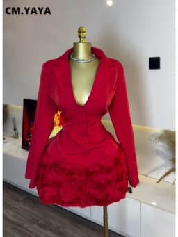 CM.YAYA Women 3D Rose Flower Long Sleeve V-neck Mini Midi Dress 2026 Fall OL Street Work Elegant Vacation Party Birthday Dresses