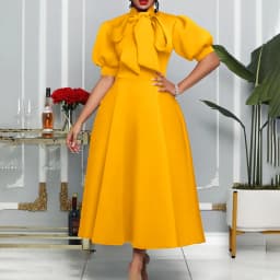2025 Latest Design Summer Church Dress Banquet Dresses Women Lady Elegant Solid Color Bow Short Sleeve Party Dress Evening Dress