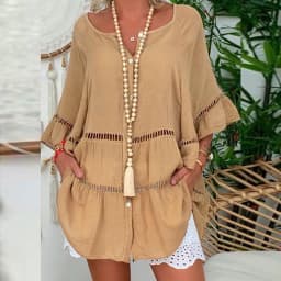 Sexy Yellow Loose Hollow Out Dress Summer V Neck Long Sleeve Cotton Linen Baggy Party Dresses Oversized S-5XL ARJ-138Y