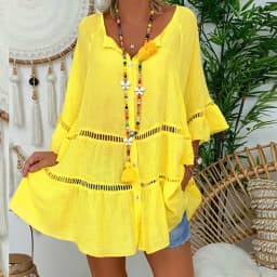 Sexy Yellow Loose Hollow Out Dress Summer V Neck Long Sleeve Cotton Linen Baggy Party Dresses Oversized S-5XL ARJ-138Y