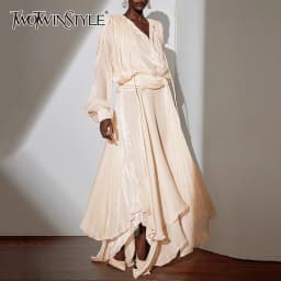 TWOTWINSTYLE Solid Spliced Folds Fashion Dresses for Women Round Neck Long Sleeves High Waist Irregular Dress Female Clothes New