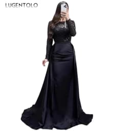 Women Party Dress Long Sleeve Sequins Empire Mesh Elegant O-neck Lady Big Swing New Banquet Temperament Clothing