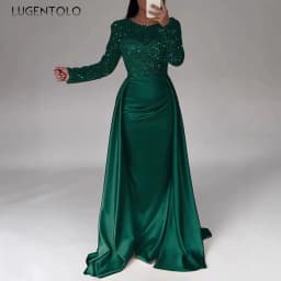 Women Party Dress Long Sleeve Sequins Empire Mesh Elegant O-neck Lady Big Swing New Banquet Temperament Clothing