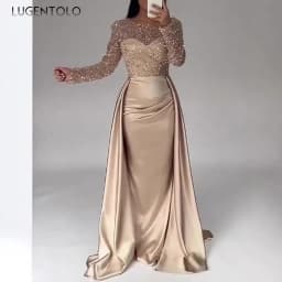 Women Party Dress Long Sleeve Sequins Empire Mesh Elegant O-neck Lady Big Swing New Banquet Temperament Clothing