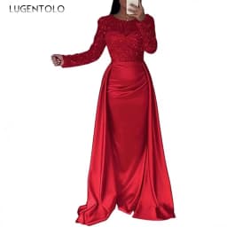 Women Party Dress Long Sleeve Sequins Empire Mesh Elegant O-neck Lady Big Swing New Banquet Temperament Clothing