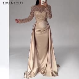Women Party Dress Long Sleeve Sequins Empire Mesh Elegant O-neck Lady Big Swing New Banquet Temperament Clothing