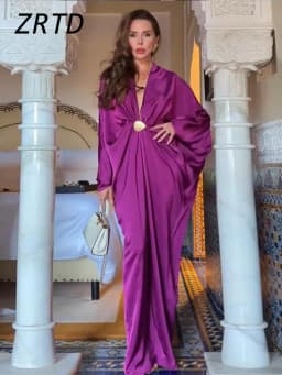 Loose Pleated Long Dress Women Elegant V-neck Batwing Sleeve Female Party Dresses 2026 Summer Lady Chic Solid Evening Robes