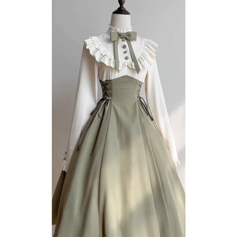 Vintage Bow Midi Dress Women Harajuku Lolita Ruffles Patchwork Bandage Dresses Elegant Stand Long Sleeve Bodycon A Line Vestidos