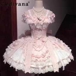 Pink Sweet Lolita Princess Dresses JSK Girl's Woman's Slim-Fit Elegant Lace Bow Tail Birthday Dress Y2k Ballet Style Mini Dress