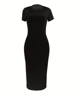 Women's Summer Casual Fashion Slim Fit Sexy Solid Color Round Neck Short Sleeved Long Dress Black Plus Size XS-5XL