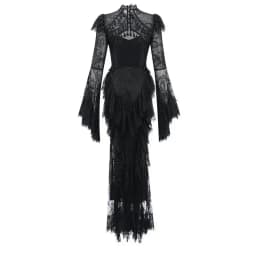 IEQJ Summer Stand Collar Lace Tassel Hollow Out Flare Sleeve Dress Women Boned Waist Tiered Mermaid Dresses New 3A2709