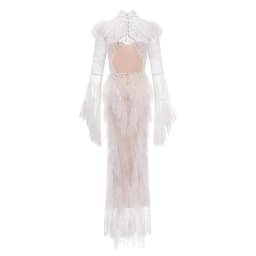 IEQJ Summer Stand Collar Lace Tassel Hollow Out Flare Sleeve Dress Women Boned Waist Tiered Mermaid Dresses New 3A2709