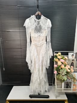 IEQJ Summer Stand Collar Lace Tassel Hollow Out Flare Sleeve Dress Women Boned Waist Tiered Mermaid Dresses New 3A2709