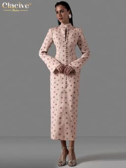 Clacive Fashion Slim Print Women's Dress 2026 Vintage Stand Collar Long Sleeve Midi Dresses Elegant Classic Slit Femlae Dress